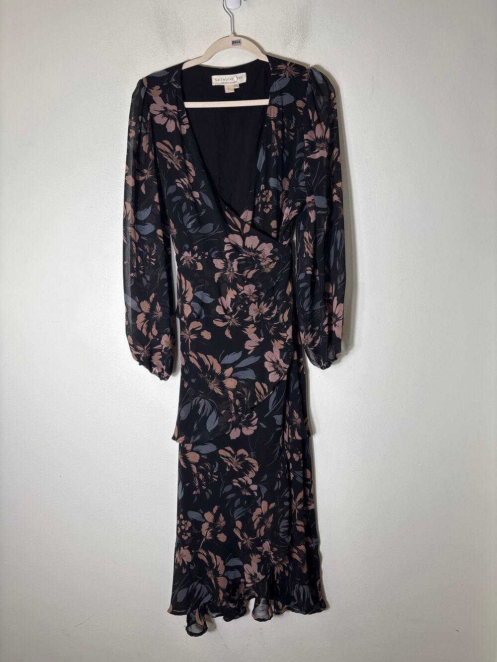 Saltwater Lux Black Brown Floral Wrap Maxi Dress Sz L
